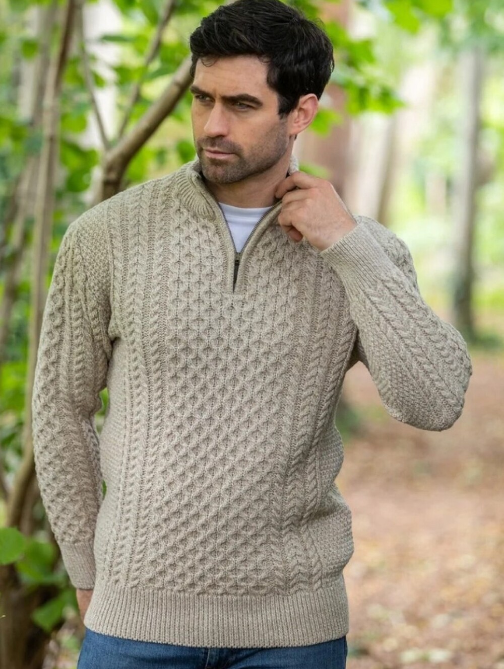Aran Woolen Mill 1/4 Zip Neck Sweater Heather Beige Men's Medium Wool Fisherman